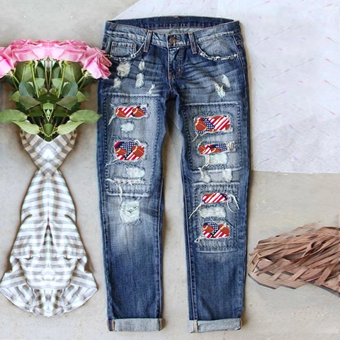 Jeans in Denim Strappati a Vita Alta da Donna Con Stampa American Football E Stars Stripes Pantaloni Dritti Effetto Usurato
