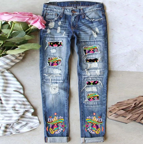 Pantaloni Jeans a Gamba Dritta Strappati da Donna Stampa Cinco De Mayo Patchwork Denim Lavaggio Blu Vita Media Pantaloni Casual