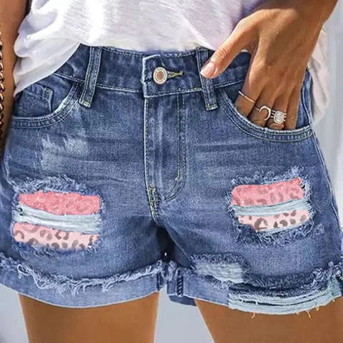 Dames Gescheurde Denim Shorts Hoge Taille Lovertjes Roze Luipaardprint Patchwork Gewassen Casual Zomer Jeans Shorts