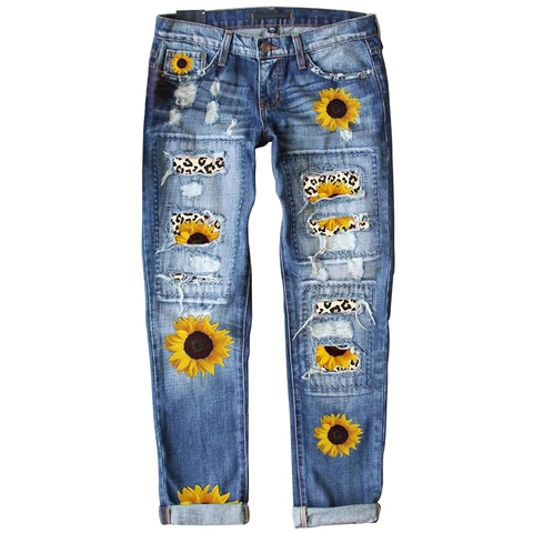 Jeans in Denim Strappati da Donna Slim Fit Patchwork Girasole Leopardo Gamba Dritta Pantaloni Lunghi Streetwear Boho