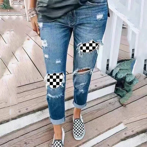 Dames Mid Rise Ripped Distressed Jeans Geblokt Patch Rechte Pijpen Gewassen Blauwe Denim Broek Casual Streetwear