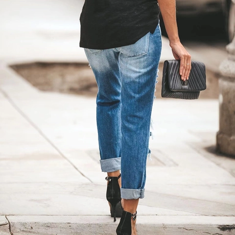 Women Fashion Ripped Jeans Heart Soccer Print Distressed Straight Leg Mid Waist Denim Long Pants Casual Streetwear