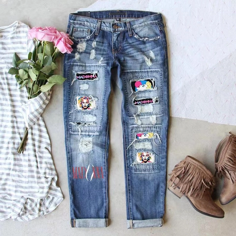 Damen Vintage Washed Blue Jeans Mit Geradem Bein Zerrissen Grafikdruck Streetwear Mode Lässige Lange Hose
