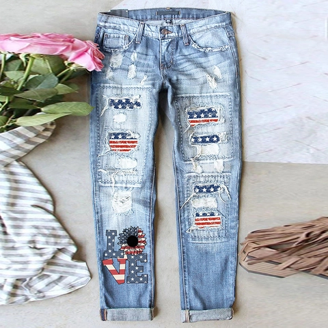 Damen Distressed Ripped Jeans Mit Amerikanischer Flagge Mittlere Taille Gerade Denim Hose Sonnenblume LOVE Print Streetwear