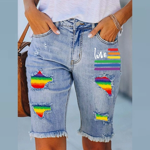 Short en Jean Déchiré Décontracté pour Femmes Imprimé Arc-en-Ciel Peace Love Heart Bord Effiloché Bleu Clair