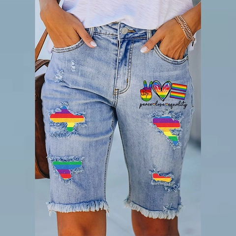 Short en Jean Déchiré Décontracté pour Femmes Imprimé Arc-en-Ciel Peace Love Heart Bord Effiloché Bleu Clair