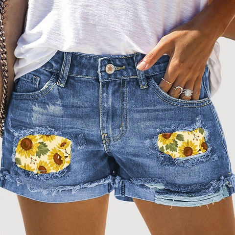Pantaloncini Jeans Donna Distressed Vita Media Strappati Blu Con Stampa a Girasole Orlo Con Risvolto Moda Estiva Hot Pants