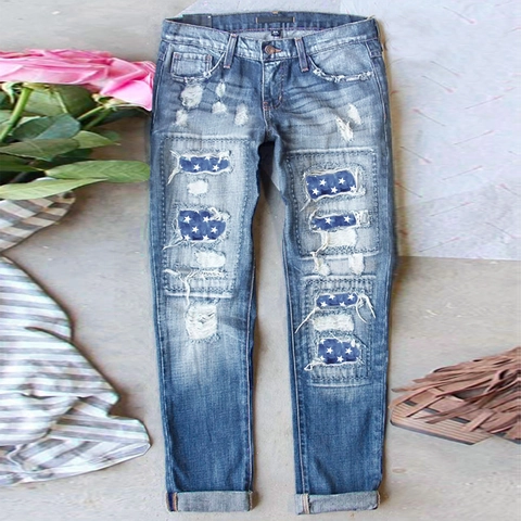 Jean Délavé Femme Imprimé Étoiles Independence Day Déchiré Taille Moyenne Jambe Droite Pantalon en Denim Casual Streetwear Mode