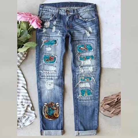 Jeans Donna Strappati Patchwork Cowboy Western Blu Scuro Pantaloni Denim Gamba Dritta Con Stampa Carrozza Cavalli Vita Media