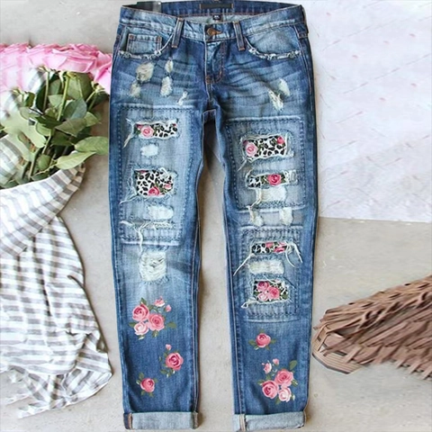 Damen Mode Floral Rose Leopardenmuster Ripped Jeans Distressed Gerades Bein Mittlere Taille Denim Hosen Streetwear Jeans