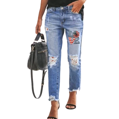 Dames Ripped Straight Leg Jeans Madeliefje LOVE Print Gerafelde Zoom Lichtblauw Gewassen Denim Enkelbroek Streetwear