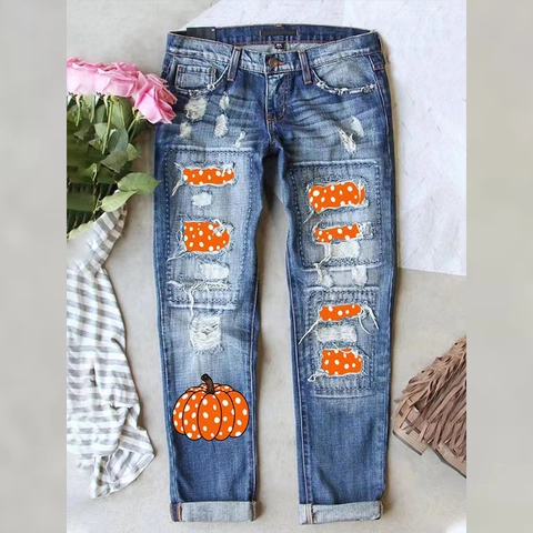 Vaqueros Rotos Con Estampado de Calabaza de Halloween Para Mujer Vaqueros de Mezclilla Azul Lavado de Pierna Recta Pantalones Casuales