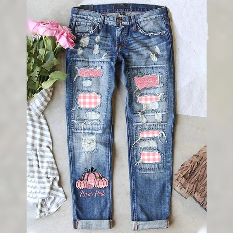 Dames Ripped Straight Leg Jeans Roze Pailletten Plaid Patchwork Roze Pompoen Print Blauw Wassing Halloween Distressed Denim Broek