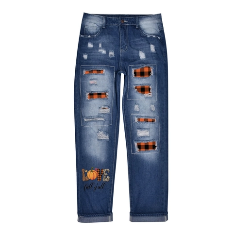 Women Halloween Ripped Denim Jeans High Waisted Straight Leg Pants With Plaid Patchwork Distressed Streetwear Casual Pants