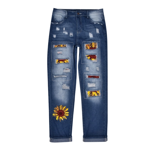 Damen Zerrissene Jeans Gerades Bein Sonnenblumen Leopardenmuster Patchwork Waschung Mittlere Taille Streetwear Denim Hosen