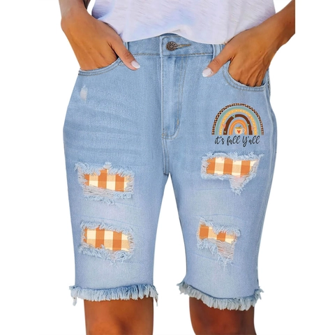 Women Distressed Denim Bermuda Shorts Mid Waist Straight Ripped Jeans With Fall Pumpkin Rainbow Print Gingham Patch