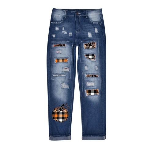 Women's Casual Halloween Distressed Jeans Plaid Pumpkin Print Washed Straight Leg Denim Pants For Fall Festival Party