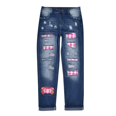 Women Distressed Ripped Denim Jeans Halloween Pumpkin Print Straight Leg Pants Casual Fall Thanksgiving Trousers Washed Blue
