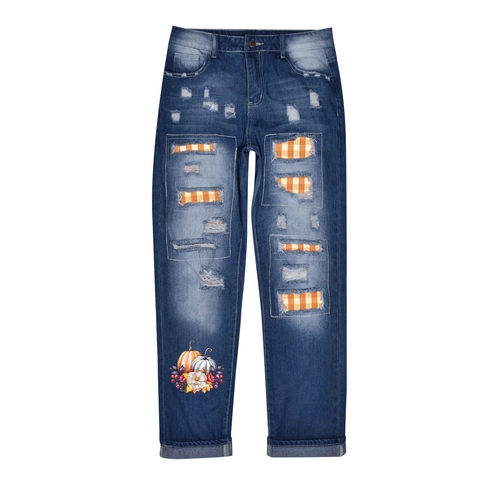 Women Distressed Ripped Denim Jeans Halloween Pumpkin Print Straight Leg Pants Casual Fall Thanksgiving Trousers Washed Blue