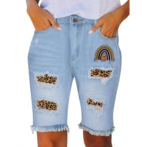 Dames Zomer Denim Shorts Met Middelhoge Taille Gescheurde Luipaard Ruit Pompoen Print Rechte Pijp Patchwork Jeans Shorts Casual Herfst