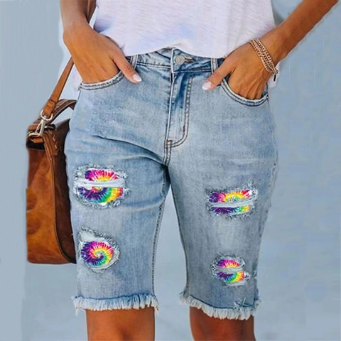 Damen Denim Shorts Hellblau Distressed Hohe Taille Ausgefranster Saum Batik Patchwork Bermuda Jeans Shorts Sommer Casual