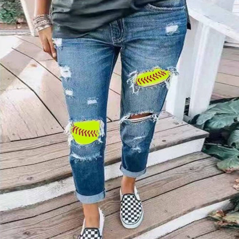 Women's Ripped Straight Leg Jeans With Distressed Softball Patch Distressed Denim Pants Casual Streetwear For Women