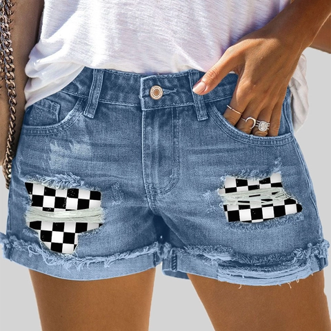 Women Distressed Denim Shorts Ripped Checkerboard Patch Frayed Hem Washed Mid Waist Streetwear Jean Shorts