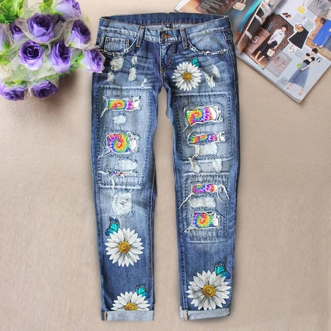 Jeans a Vita Alta Gamba Dritta Donna Pantaloni Denim Distressed con Stampa Margherita Farfalla Toppe Tie-dye Pantalone Largo Risvolto