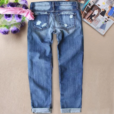 Jeans Dritti Strappati Casual da Donna Con Toppa di Paillettes a Forma di Baseball Vita Media Denim Lavato Streetwear