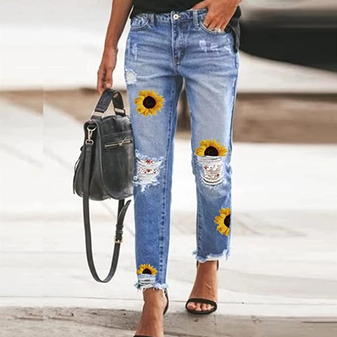 Damen Sonnenblumen Print Zerrissene Denim Jeans Distressed Gerade Bein Roher Saum Streetwear Casual Mode Denim Hosen