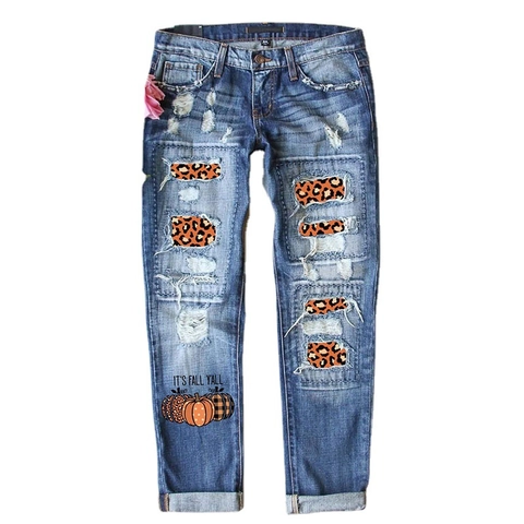 Damen Jeans Gerades Bein Kürbis Leopardenmuster Patch Distressed Washed Denim Hose Herbst Erntedankfest Mode Urlaub Hose