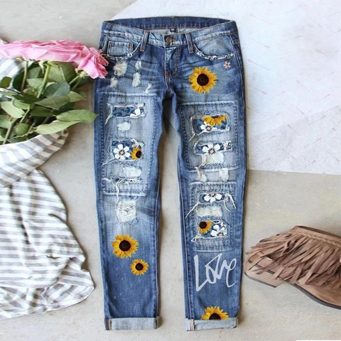 Jean Déchiré Femme Patchwork de Fleurs Tournesol et Marguerite Imprimé Love Pantalon Denim Coupe Droite Taille Moyenne
