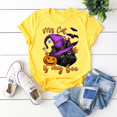 Women's Halloween Cat Pumpkin Print T-Shirt Casual Cotton Blend Round Neck Short Sleeve Holiday Graphic Tee Top