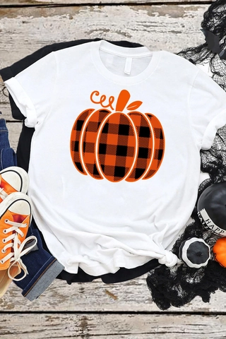 Dames Halloween Pompoen Print T-Shirt Casual Buffalo Ruit Grafisch Korte Mouw Wit Ronde Hals Top Feestelijke Kleding