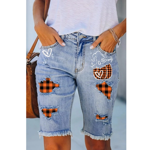 Pantaloncini di Jeans da Donna per Halloween Bermuda Strappati con Stampa Zucca e Mano di Scheletro Blu Chiaro Orlo a Vivo