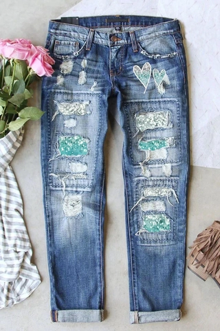 Pantaloni Jeans Donna a Gamba Dritta Distressed Blu Denim Con Stampa Cuore Fiore Paillettes Streetwear Vita Alta