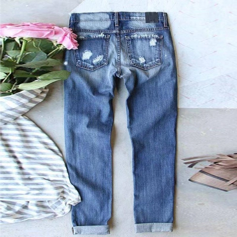 Jeans en Denim à Jambes Droites Déchirés pour Femmes Paillettes Arc-en-ciel Taille Moyenne Délavé Bleu Pantalon Mode Casual