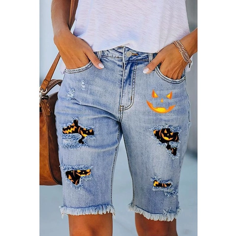 Pantaloncini di Jeans Donna Casual Strappati Halloween Zucca Sorriso Stampa Blu Chiaro Orlo a Frange Vita Media Shorts