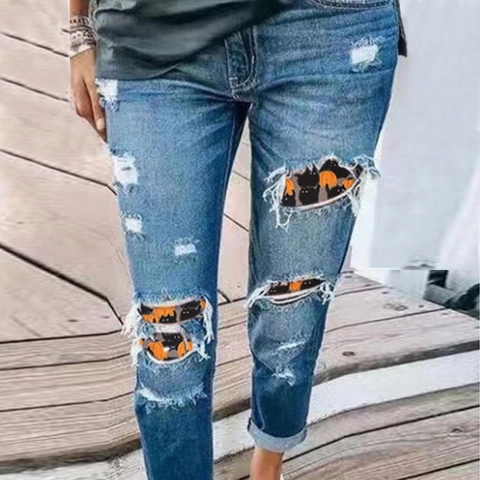 Jeans Strappati Halloween da Donna Denim Distressed Gamba Dritta Pantaloni Blu Lavato Con Stampa Zucca Gatto Patchwork Streetwear