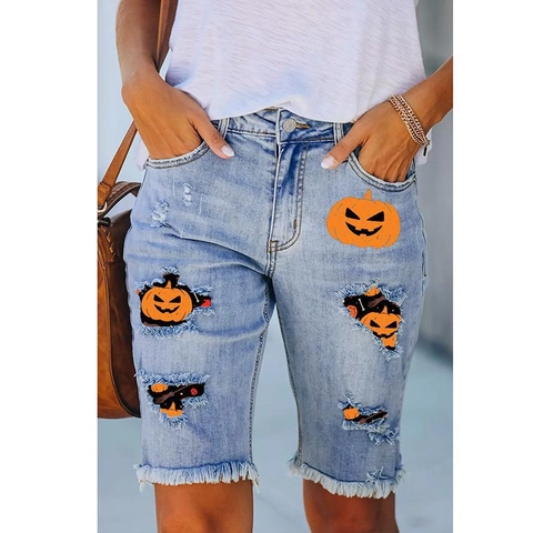 Women Halloween Pumpkin Face Print Distressed Denim Shorts Light Blue Ripped Raw Edge Five-Point Bermuda Jeans Streetwear