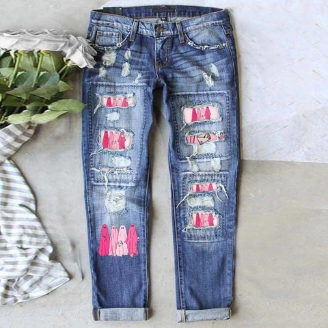 Jeans Femme Jambe Droite Déchiré Patch Fantôme Rose Denim Lavé Bleu Mode Streetwear Pantalon Taille Haute