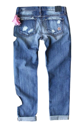Women Casual Distressed Jeans Pink Leopard Patch Lip Print Cotton Blend Straight Leg Denim Pants Cuffed Streetwear