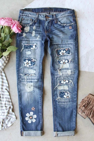Γυναικείο Τζιν Παντελόνι Με Σχισίματα Λεοπάρ Ανθικό Patchwork Ίσια Γραμμή Κομμένο Παντελόνι Μποέμ Στυλ