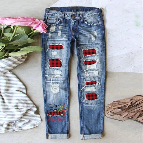 Jeans Gamba Dritta Distressed Donna Natale Vita Media Patch Plaid Pantaloni Denim Strappati Stampa Camion Albero Vacanze