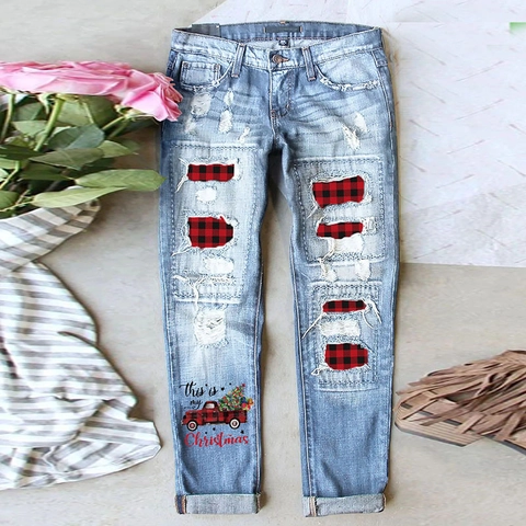 Jeans Gamba Dritta Distressed Donna Natale Vita Media Patch Plaid Pantaloni Denim Strappati Stampa Camion Albero Vacanze