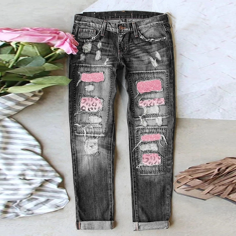 Jeans Donna Grigio Lavato Distressed con Toppe Rosa Leopardate Gamba Dritta Vita Media Pantaloni in Denim Cotone Casual