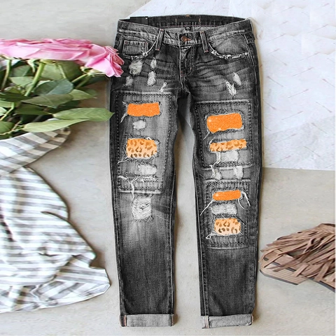 Damen Leopardenmuster Herz Zerrissene Jeans Gerades Bein Distressed Gewaschene Denim Hose Streetwear Mode High Stretch Hose
