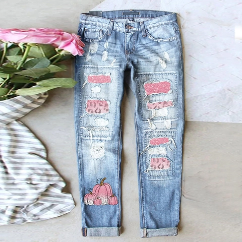 Damen Hellblau Distressed Straight Leg Jeans Pink Leopard Patchwork Kürbis Druck Gewaschene Denim Hose Für Halloween