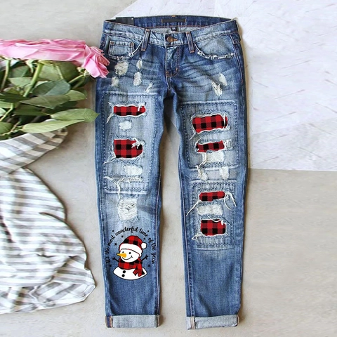 Jeans Strappati con Stampa Pupazzo di Neve di Natale da Donna Blu Gamba Dritta Patch Plaid Pantaloni in Denim Casual Pantaloni Festivi
