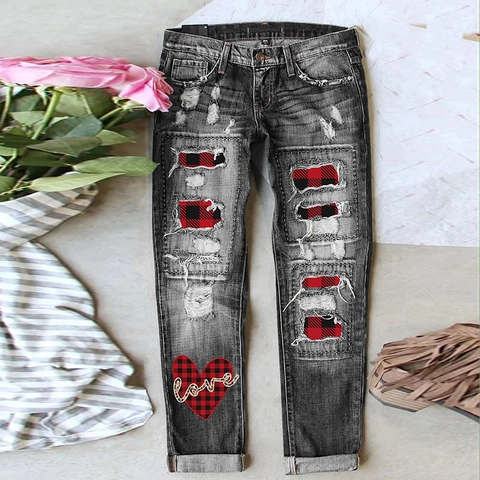 Jeans Strappati Casual da Donna Grigio Scuro Distressed Pantaloni in Denim a Gamba Dritta Con Toppa a Quadri a Cuore